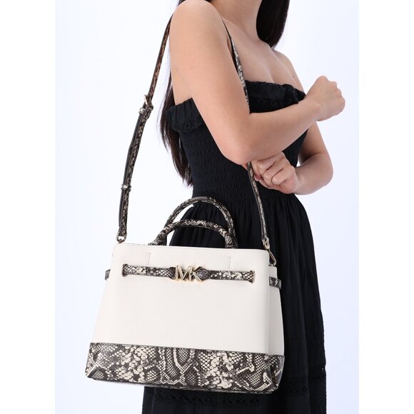 Michael Kors Reed Large Belted Satchel Bag Neutral Python Light Cream Leather - Picture 3 of 8